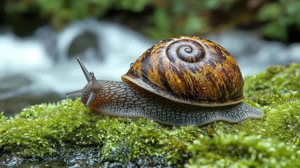 Snail crawling moss, rainforest stream background
