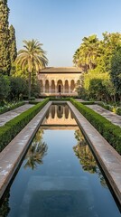 Serene Garden View with Reflections in Tranquil Water Channel