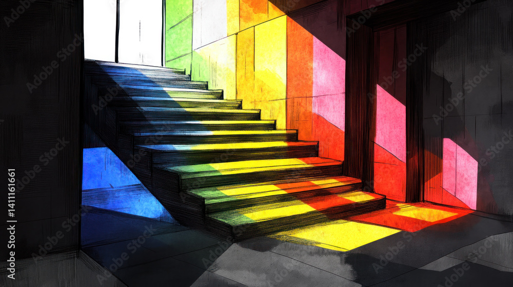 Poster a staircase with a rainbow colored step is shown in a room with a door. the staircase is illuminated