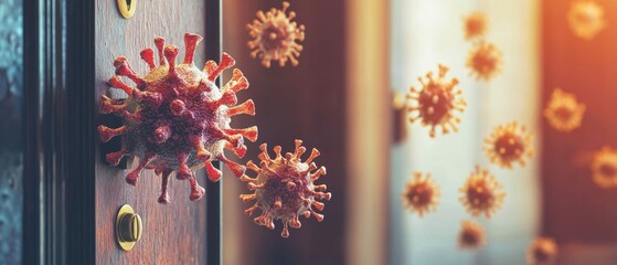 Obraz premium A visual representation of viruses, emphasizing the spread and impact of disease, with a focus on a door handle as a point of contact.