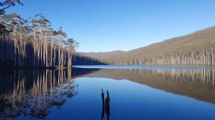 Obraz premium Tall trees reflect beautifully in the calm clear lake water