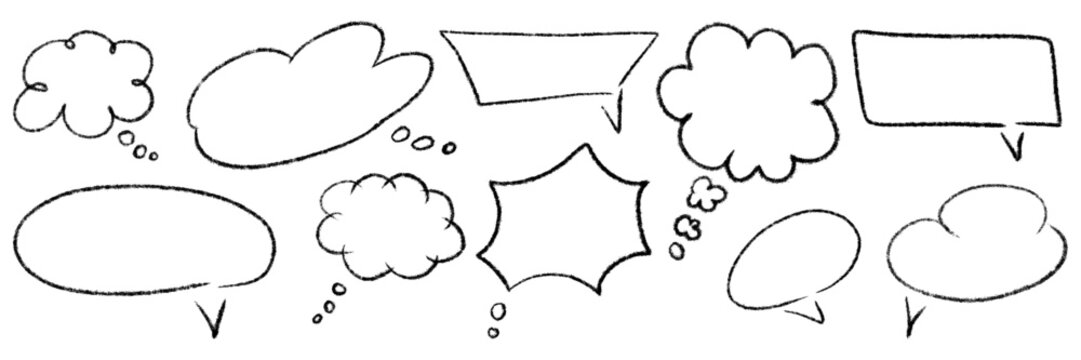 Outline chalk textured speech bubbles set. Different blank chat empty dialog balloon. Comic cloud bubble shapes. Hand drawn grunge pencil doodle conversation message icon. Vector illustration isolated