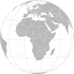 World vector map with country boundaries and graticules (Africa-centered view, orthographic projection, PPT-compatible & fully editable)