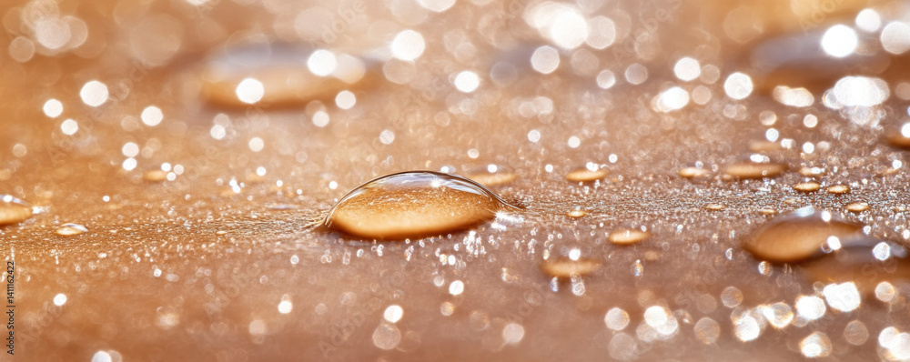 Poster a blurry image of water droplets on a surface. the droplets are scattered and overlapping, creating 