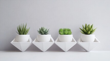 Succulents vertical composition of lush succulents in white ceramic pots placed on a geometric wooden stand, showcasing Scandinavian home decor style with a clean neutral background.