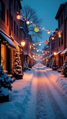 Fototapeta premium Snow-covered street with festive lights and Christmas decorations, holiday, snow