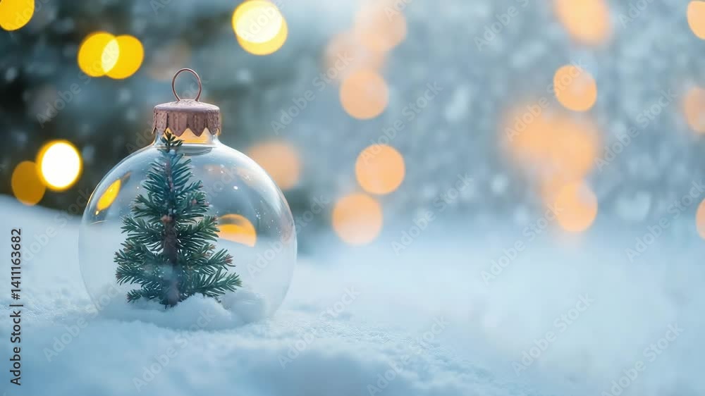 Poster glass ornament with miniature christmas tree inside on snowy surface with soft bokeh and warm light 