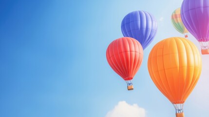 Colorful hot air balloons soaring in a clear blue sky, creating a vibrant and cheerful atmosphere.