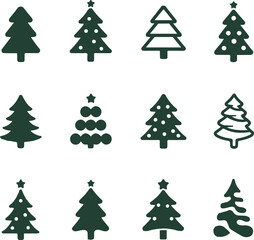 set of christmas trees, minimalist silhouette vector icons depicting various Christmas tree