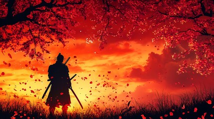Obraz premium Stoic samurai standing with a katana under blooming cherry blossom trees silhouetted against a fiery red orange dusk sky Falling petals enhance the composition Elegant cultural and serene