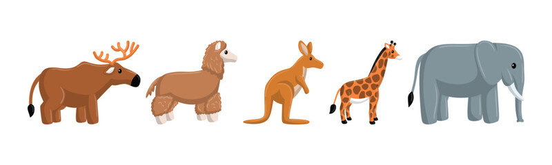 An illustrative display of cartoon animal characters, designed for children's books, showcasing a colorful depiction of wildlife from different countries.