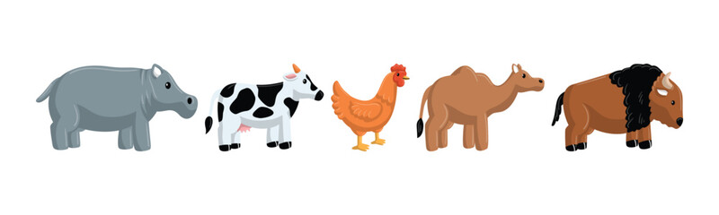 A cartoon illustration of various animals, including a hippo, cow, chicken, camel, and bison. Ideal for children's books, educational resources or fun designs.
