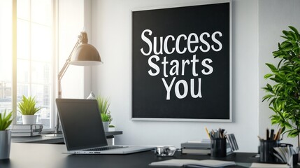Inspiring workspace featuring a motivational quote promoting success