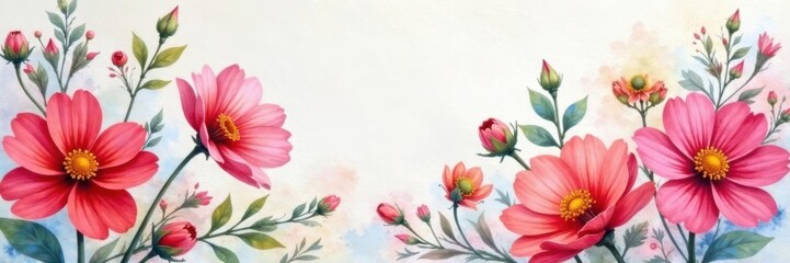 Watercolor blooming flowers on textured canvas, colorful, abstract