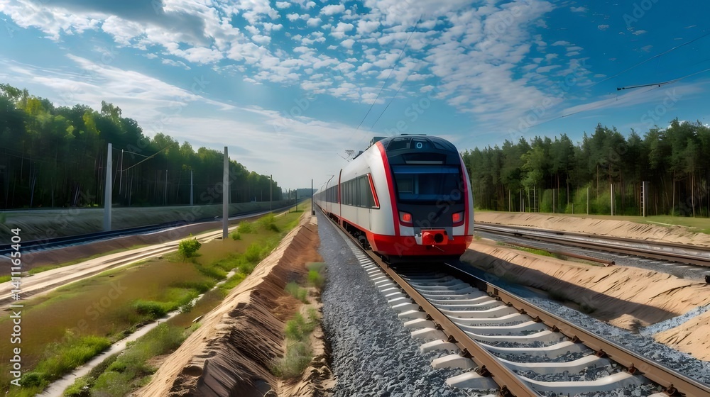 Aufkleber 高速走行する現代的な鉄道車両が青空の下 緑豊かな風景の中を走る 輸送と旅行のコンセプト