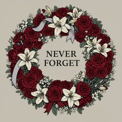 Never forget memorial wreath with red roses and white lilies on beige background. Remembrance Day, Veterans Day, Memorial Day concept. Patriotic floral tribute