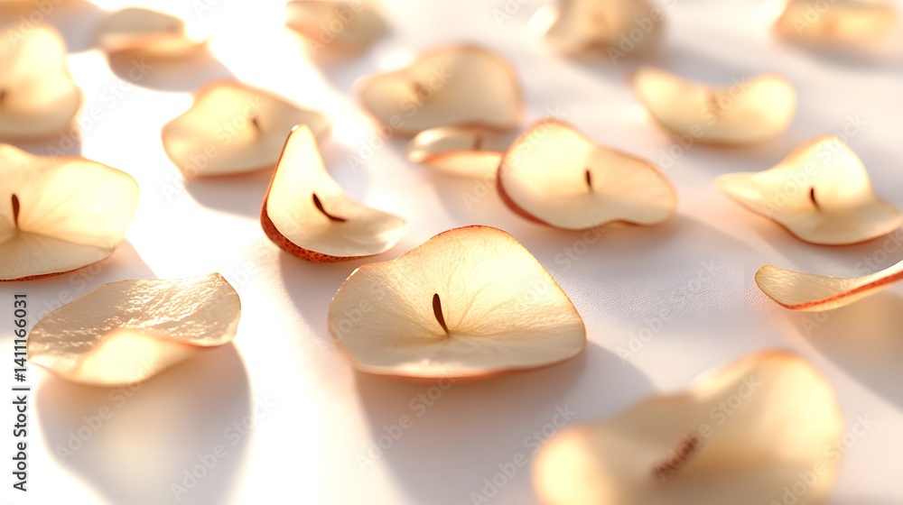 Poster thinly sliced pear pieces arranged on a white background, illuminated by soft sunlight. the transluc