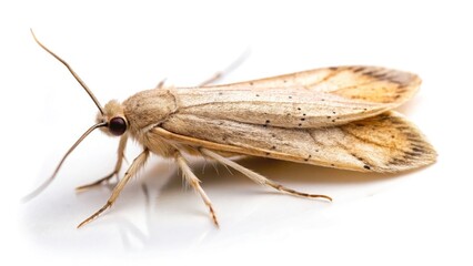 Close-up Fashion Photography: Pale Brown Sod Webworm on White, High-Resolution Macro Insect Image