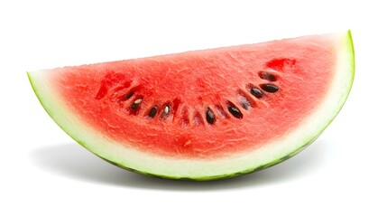 A juicy slice of watermelon, showcasing its vibrant red flesh and black seeds. Isolated on a white background, perfect for summer-themed designs or refreshing food imagery.