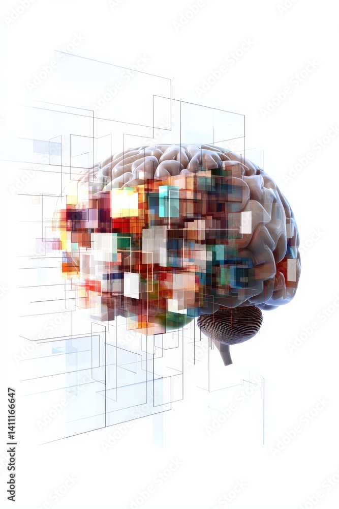 Poster a digital brain composed of floating pixels that assemble into clear patterns, critical thinking ski