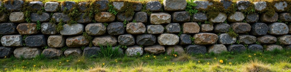 Weathered, moss-covered stone wall in a rugged landscape , rugged, landscape