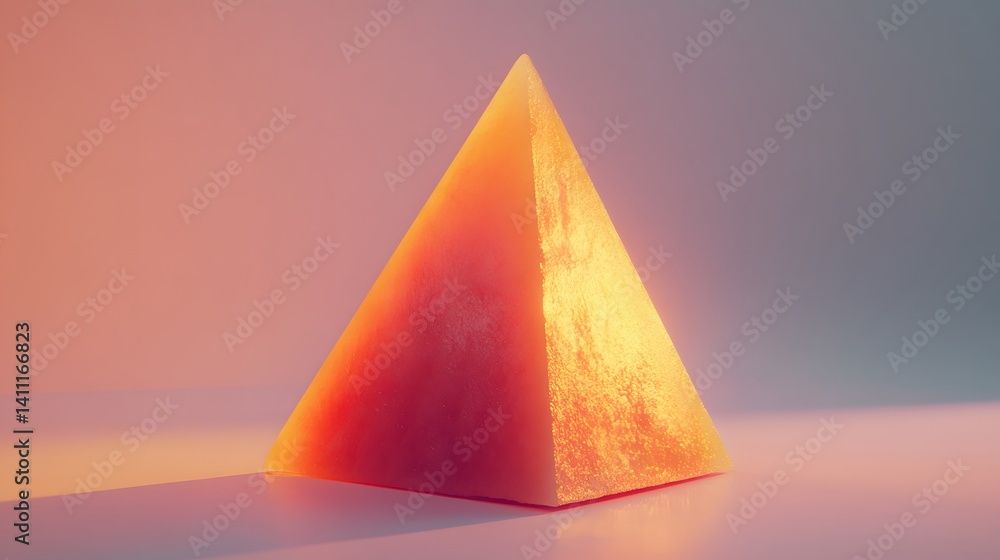 Poster a vibrant orange pyramid stands on a soft, light background. illuminated from within, it casts a sub