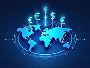 Futuristic 3D world map with glowing currency symbols (€ ¥ $ £) emerging from a digital interface, representing global finance, technology, and economic integration.