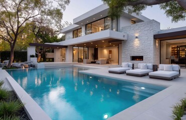A large, modern home with a pool in the backyard, located in the hills of Los Angeles, California, surrounded by other luxury homes