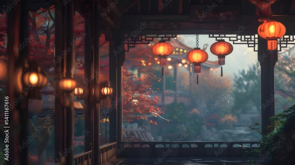 Poster 中国の伝統的建築に飾られたオレンジ色のランタンと木々の美しい風景 庭園の風景の芸術的描写