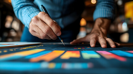 A person analyzing colorful graphs and charts on a table in a modern workspace, with soft lighting