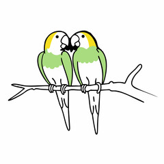 Minimalist Illustration of Two Parakeets Perched on Branch, One Colored Green.