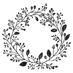 Floral leaves wreath art illustration black vector