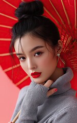 Beautiful Chinese woman, elegant makeup, high bun hairstyle, red fan-shaped background
