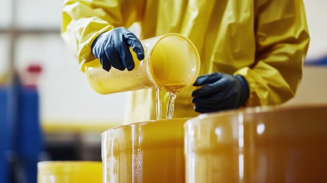 Chemical technician handling hazardous materials in a controlled factory environment. Featuring safety and expertise