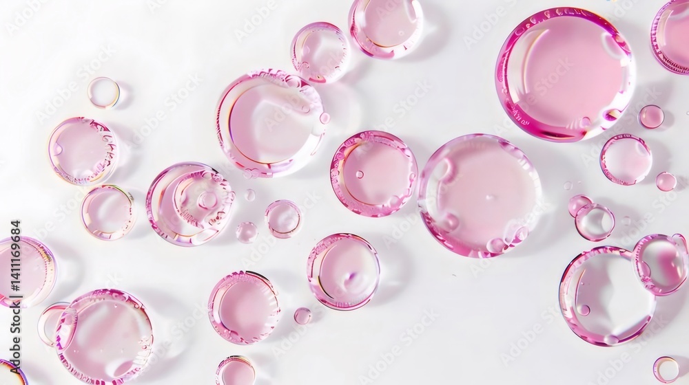 Poster 白い背景に配置されたピンク色の水滴と透明な泡が特徴的な抽象的なデザイン