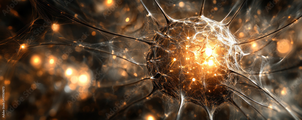 Poster a glowing brain with many neurons. the brain is surrounded by a dark background. the neurons are con