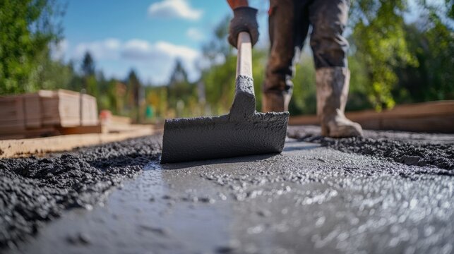 Concrete finisher smoothing driveway surface. Outdoor residential site