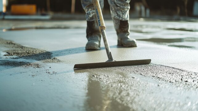 Concrete finisher smoothing driveway surface. Outdoor residential site