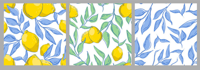 A set of patterns with lemons and leaves. This pattern is perfect for fabric, wrapping paper, or product design. Vector illustration
