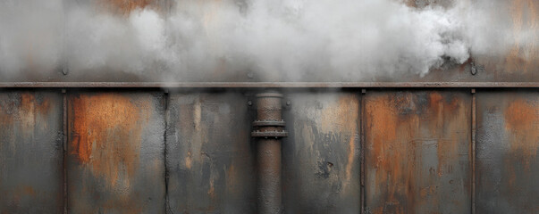 A rusty pipe with smoke coming out of it. The pipe is old and rusted, and the smoke is thick and grey. The image has a moody and ominous feel