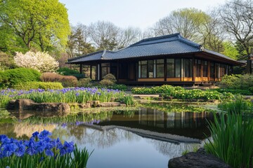 Obraz premium Serene Japanese Garden with Modern Architecture and Blooming Flowers