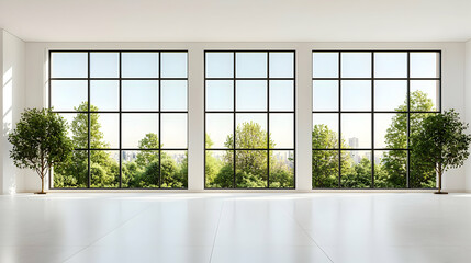 Fototapeta premium Modern Minimalist Interior With Large Windows And City View