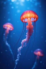 Softly glowing jellyfish in the light blue ocean background, marine life, ocean, blue ocean