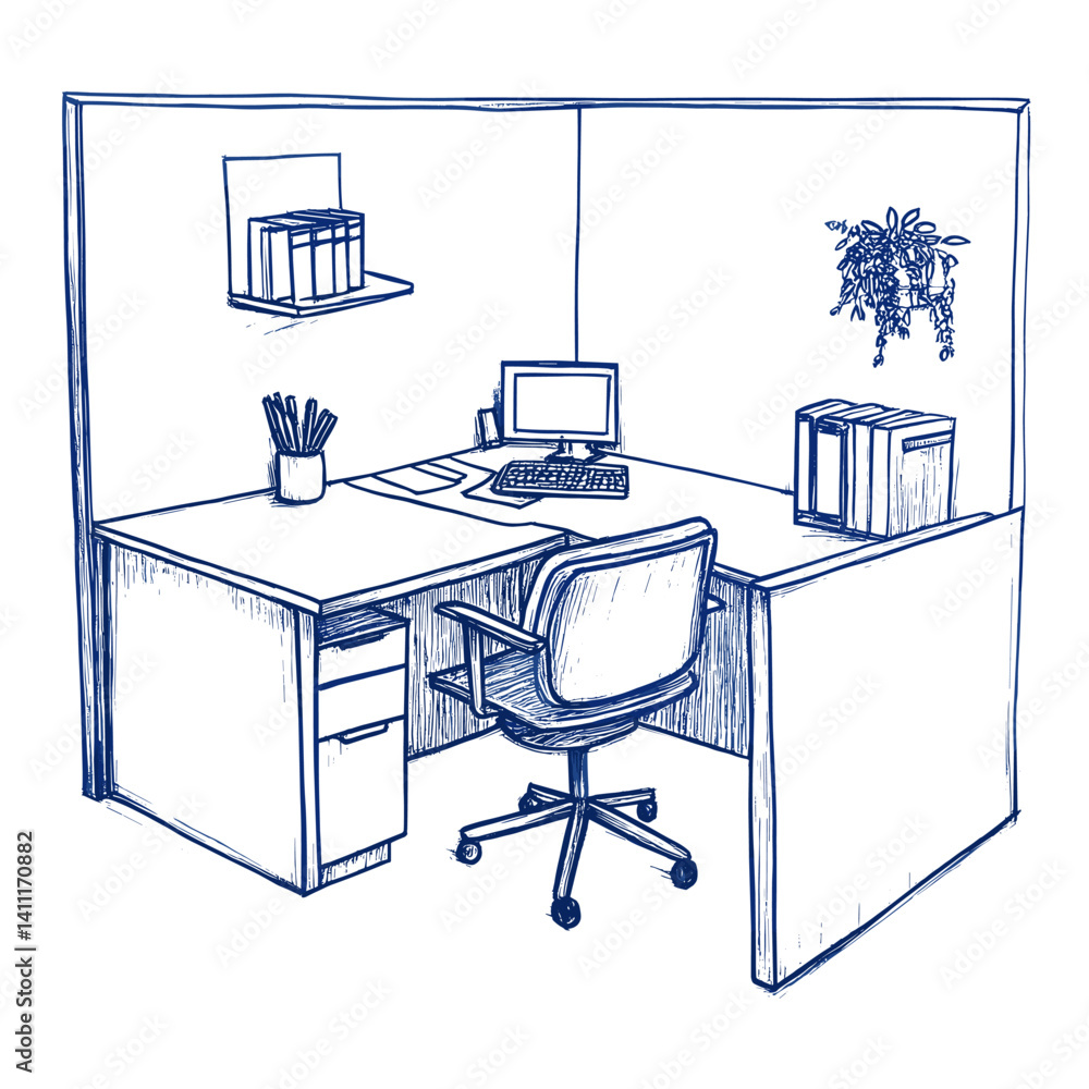 Poster outline of a cubicle workstation drawing cubicle sketch vector