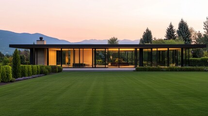 Fototapeta premium A modern-style single-family house in a quiet suburban green, minimalist design with floor-to-ceiling Windows and natural wood finishes, and clean roof lines that show an elegant geometric aesthetic.