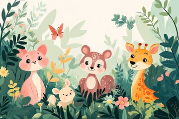 Naklejka premium Cute Cartoon Animals in Lush Greenery with Colorful Flowers