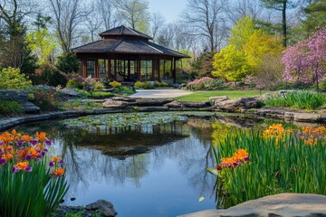Obraz premium Serene Garden Pavilion Surrounded by Colorful Flowers and Pond