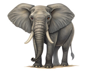 Obraz premium A large elephant with tusks stands in front of a white background. The elephant's face is focused and determined, giving the impression of strength and power