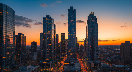 Fototapeta premium City Skyline at Sunset with Vibrant Orange Sky