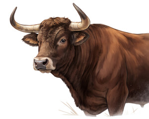 A brown bull with horns is staring at the camera. The image has a strong, bold feel to it, with the bull's large size and prominent horns drawing attention. The bull's gaze seems to be focused